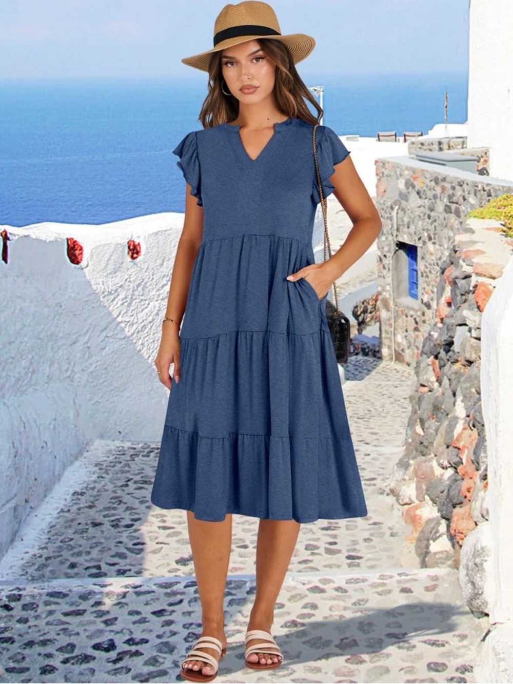 Tiered V‑Neck Midi Dress with Ruffle Sleeves in Navy